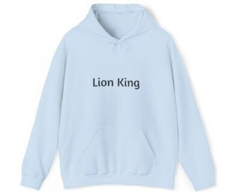May include: A light blue hoodie with a kangaroo pocket and a drawstring hood. The hoodie has the text "Lion King" printed on the front.