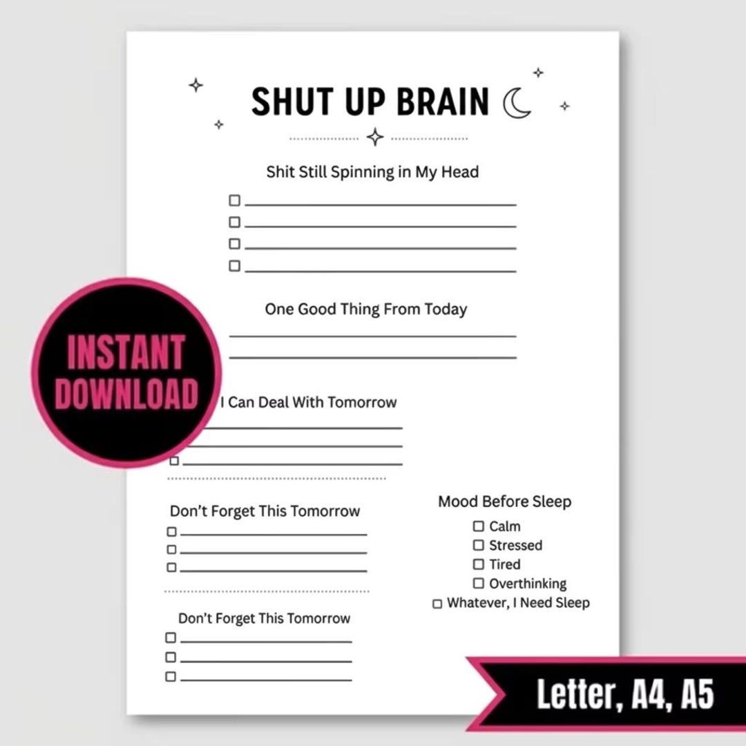 Bedtime Brain Dump Printable, Overthinking Anxiety Worksheet, Shut up ...