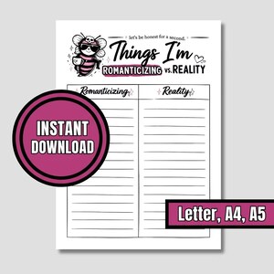 Self Reflection Worksheet Printable, Funny Mental Health Journal, Romanticizing vs Reality Printable Page
