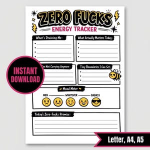 Feuille de calcul Energy Tracker imprimable, réinitialisation de la mentalité des limites, page de l'agenda quotidien Zero Fucks