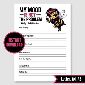 Reality Check Worksheet Printable, Funny Mental Health Journal, My Mood Is Not The Problem