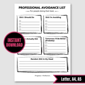 To Do List Printable Funny, Sarcastic Productivity Planner, Professional Avoidance List Page