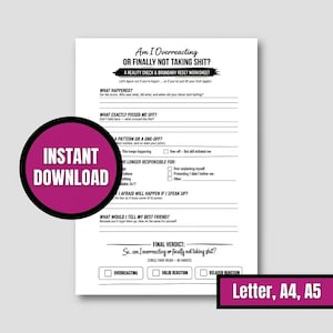 Hoja de trabajo imprimible para comprobar límites ¿Estoy exagerando? Reflexión divertida sobre la salud mental (PDF)