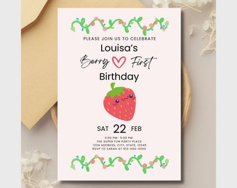 Berry Sweet First 1St Birthday, Cute Strawberry Birthday Invitation, Strawberry Themed Invitation, Berry First Birthday Invitation