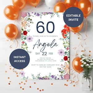 60th birthday invitation, 60th birthday card, 60th birthday party invite, 60th bday, milestone birthday invitation, wildflower invitation
