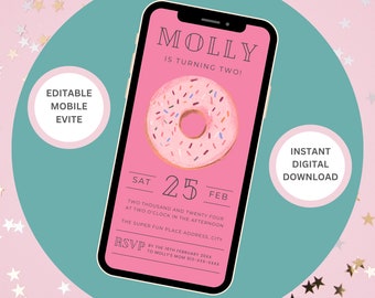 Mobiele Donut Party uitnodiging, digitale donut verjaardagsuitnodiging, roze verjaardagsuitnodiging, bewerkbare sjabloon, Instant Download