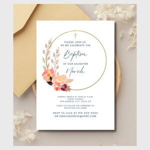 Modèle d'invitation de baptême, arche de fleurs roses rustique, baptême de fille, carte d'invitation de baptême rose, invitation imprimable, téléchargement immédiat
