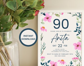 May include: A floral-themed invitation for a 90th birthday party for Anita. The invitation is on a white background with pink flowers and green leaves. The text reads "Please join us to celebrate Anita, Sat 22 Feb, 3:00 PM - 5:00 PM, The Party Reception Hall, 1234 Address, City, State, 12345, RSVP to Sara by February 15th, 913-123-XXXX".