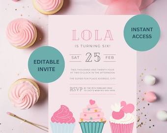 Cupcake invitation, Instant Download, Sixth birthday invite, Girl 6th Birthday Invitation Cupcake, Editable Invite, Cupcake party