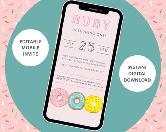 Mobiele Donut Party uitnodiging, digitale donut verjaardagsuitnodiging, roze verjaardagsuitnodiging, bewerkbare sjabloon, Instant Download