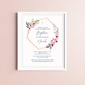 Modèle d'invitation de baptême, arche de fleurs roses rustique, modifiable, carte d'invitation de baptême rose, invitation imprimable, téléchargement immédiat sur toile