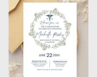 Nurse Graduation Ceremony Invitation Template, Nursing School Graduation Announcement, Boho Rn Graduate Invite, Medical Graduation
