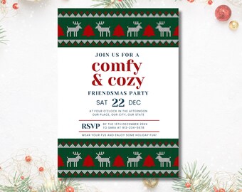 May include: A green and white Christmas party invitation with a red and white reindeer pattern. The invitation reads "Join us for a comfy & cozy Friendsmas Party Sat 22 Dec at four o'clock in the afternoon our place, our city, our state. RSVP by the 18th December 20XX to Sara at 913-234-5678. Wear your PJs and enjoy some holiday fun!"