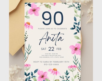 90th Birthday Invitation, 90th Invite Template, Digital 90th Birthday Party Invite, 90th Birthday Card, Birthday Invitation Template