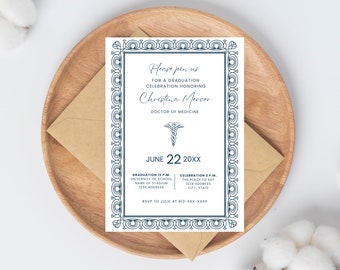 May include: A white graduation invitation with a blue ornate border. The invitation is for Christina Mercer, Doctor of Medicine. The invitation includes the date June 22, 20XX, and details for the graduation ceremony and celebration.