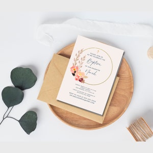 Modelo de convite de batismo, arco rústico de flores rosa, batismo de menina, cartão de convite de batismo rosa, convite para impressão, download instantâneo