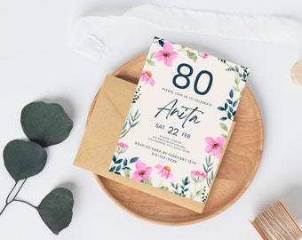 80th Birthday Invitation, 80th Invite Template, Digital 80th Birthday Party Invite, 80th Birthday Card, Birthday Invitation Template