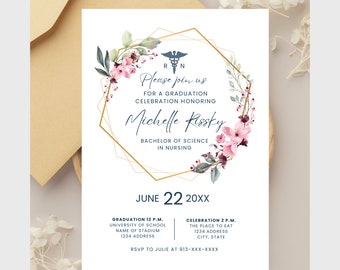 Nurse Graduation Ceremony Invitation Template, Nursing School Graduation Announcement, Boho Rn Graduate Invite, Medical Graduation