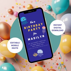 Ocean birthday invitations, Blue Jellyfish, Under the Sea Invite, Mobile invite, JELLYFISH Birthday INVITATION