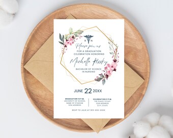 Nurse Graduation Ceremony Invitation Template, Nursing School Graduation Announcement, Boho Rn Graduate Invite, Medical Graduation