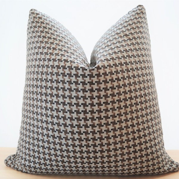 Brown and White Houndstooth Linen Throw Pillow Cover- Decorative Accent Pillow for Living Room or Bedroom All Sizes Available