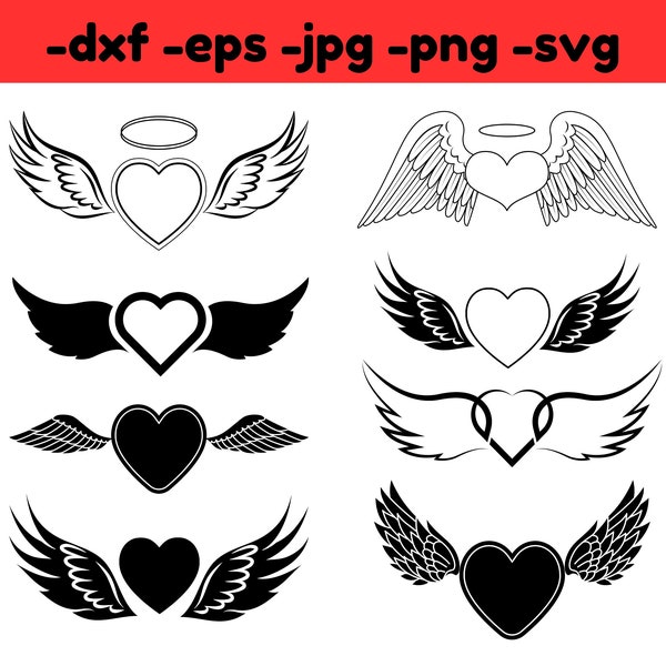 Angel wings with heart svg dxf jpg png eps digital download, angel wings clipart cricut files, halo svg, memorial wings svg art, memory svg