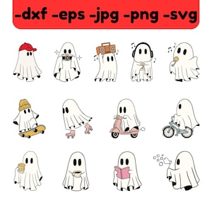 Ghost 13 svg Bundle, Ghost z kapeluszem, radiem, deskorolką, rolkami, mikrofonem, kawą, motocyklem, książką Clipart SVG Pliki do cięcia dla Cricut