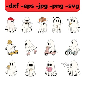 Ghost 13 svg Bundle, Ghost with hat, radio, skateboard, roller skate, microphone, coffee, motorbike, book Clipart SVG Cut Files for Cricut