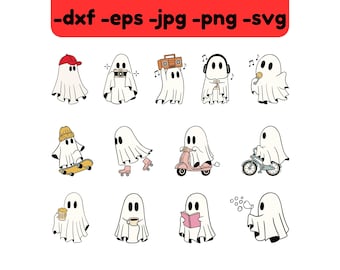 Ghost 13 svg Bundle, Ghost with hat, radio, skateboard, roller skate, microphone, coffee, motorbike, book Clipart SVG Cut Files for Cricut