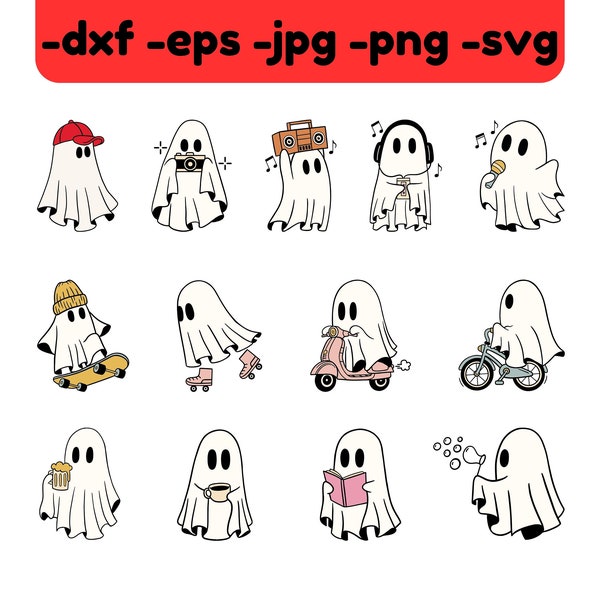 Ghost 13 svg Bundle, Ghost with hat, radio, skateboard, roller skate, microphone, coffee, motorbike, book Clipart SVG Cut Files for Cricut