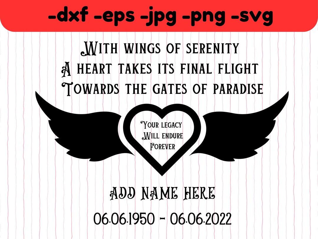 Memorial Heart With Angel Wings SVG DXF: Add Name & Date (digital ...