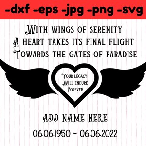 Memorial Heart with Angel Wings SVG DXF: Add Name & Date (Digital Download)