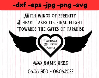 Corazón conmemorativo con alas de ángel SVG DXF: Agregar nombre y fecha (Descarga digital)