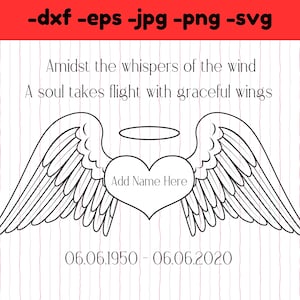 Ange halo svg png, à la mémoire d'un être cher svg jpg png dxf eps téléchargement numérique, ailes d'ange avec coeur, proches ratés silhouette cricut