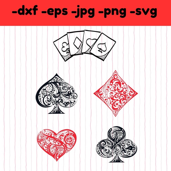 Playing card suits svg dxf digital download, clups hearts diamonds spades svg files, poker gambling casino game card clipart vector file