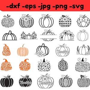 May include: A set of 20 black and orange pumpkin SVG cut files. The pumpkins are in various styles, including solid, patterned, and with text. The text includes "Thankful".