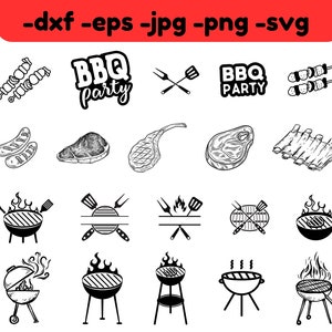 May include: Black and white line art illustrations of various barbecue related items, including a grill, skewers, ribs, steak, and a sign that says "BBQ Party".