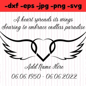 Ailes commémoratives coeur svg jpg png dxf eps téléchargement, fichier de silhouette cricut vecteur aile d’ange, à la mémoire aimante du passé un téléchargement instantané