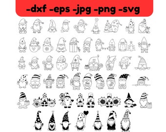 May include: A set of 40 black and white line art illustrations of gnomes in various poses and with different accessories. The gnomes are wearing hats, holding gifts, and some are even wearing scarves.