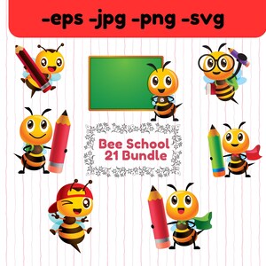 Puede incluir: Un conjunto de 21 ilustraciones digitales con abejas de dibujos animados lindas en varias poses con temática escolar. Las abejas sostienen lápices, llevan mochilas y están de pie frente a una pizarra. El texto "Bee School 21 Bundle" se muestra en un marco decorativo.