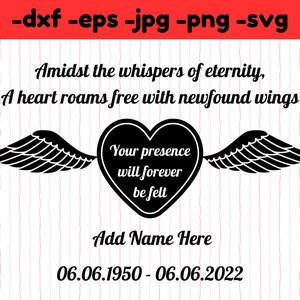 Mémoire ange ailes vector téléchargement numérique, svg png, dxf aimé un svg, dans la mémoire aimante du cœur avec des ailes coupe fichiers, célébration de la vie