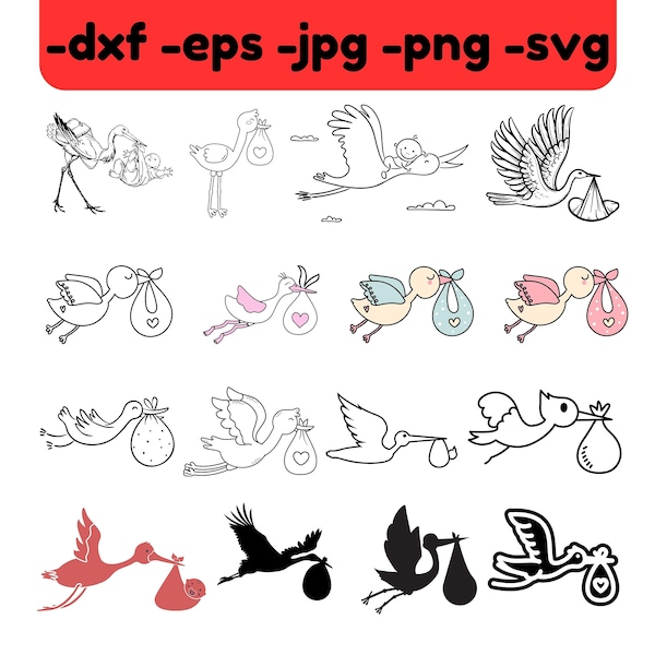 Baby and Stork SVG Files for Cricut Silhouette, Baby Arrival DXF, Baby Shower Boy Girl Cut File Clipart, Baby Delivery SVG, Stork with Baby