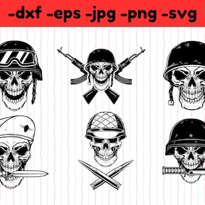 Soldier skull svg dxf png eps jpg digital download printable files. skull with knife in teeth, skull with crossed cartridges, skull bundle