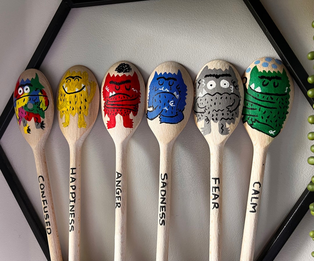 The Colour Monster Wooden Spoons Hand Painted With 6 Colour Monsters Based on the Book. EYFS