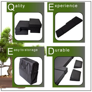 May include: A black foldable foam mattress with a carrying case. The mattress is made of multiple pieces that can be arranged in different configurations. The image shows the mattress in a folded position, a flat position, and a raised position. The text "Quality", "Experience", "Easy to storage", and "Durable" is displayed on the image.