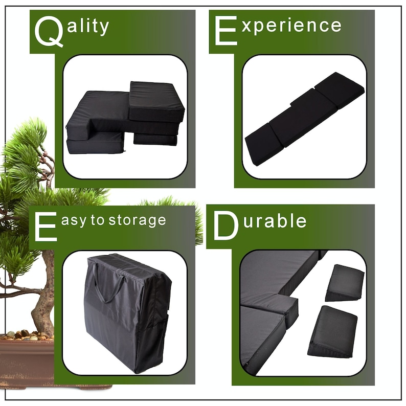 May include: A black foldable foam mattress with a carrying case. The mattress is made of multiple pieces that can be arranged in different configurations. The image shows the mattress in a folded position, a flat position, and a raised position. The text "Quality", "Experience", "Easy to storage", and "Durable" is displayed on the image.
