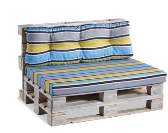 Set of Pallet cushion outdoor, pallet couch cushions, pallet furniture cushions, water resistant - grey yellow blue stripes