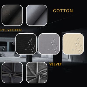 May include: Close-up images of different fabric textures, including cotton, polyester, and velvet. The fabrics are shown in black, gray, and beige.