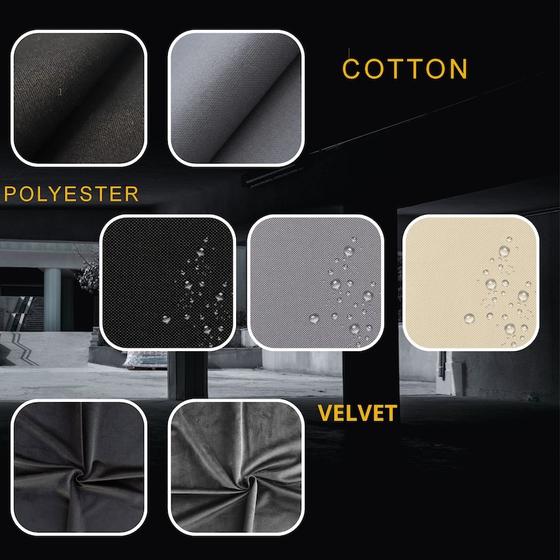 May include: Close-up images of different fabric textures, including cotton, polyester, and velvet. The fabrics are shown in black, gray, and beige.