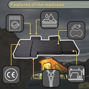 May include: A black, modular mattress with a zipper, a CE mark, and icons showing it is waterproof, washable, and easy to clean. The mattress is shown in a van with a pop-up roof.